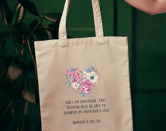 Romans 8 38 tote bag Christian gift bag with Bible verse scripturally encouraging Gods love floral spiritual present baptism special day