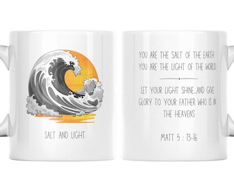 Matthew 5 scripture on a mug salt and light bible verse quote for spiritual coffee moment or gift for a special day Christian faith gift