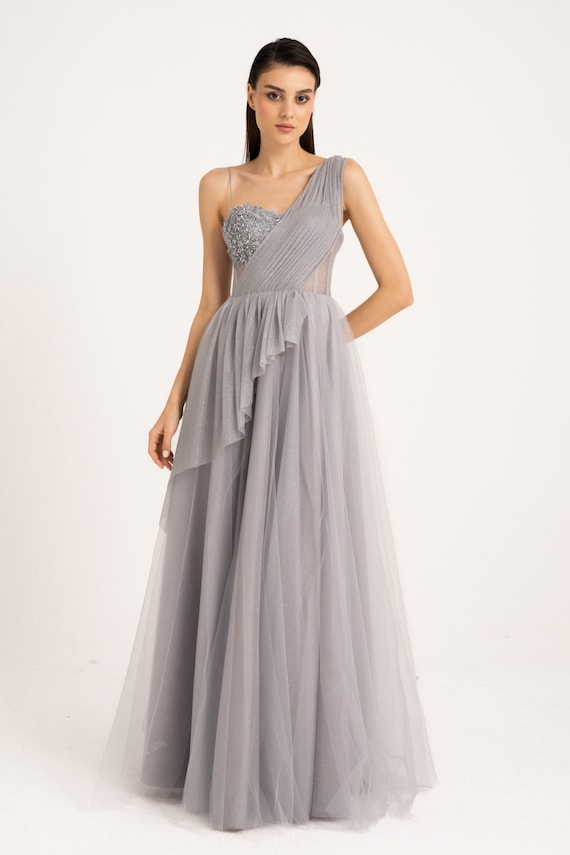 Draped Detailed Silvery Gray Evening Dress, Prom Dress, Gift for Her, Womens Dress
