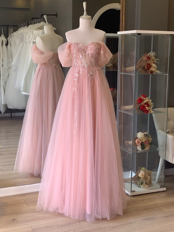 Powder Flower Pattern Lace Covered Tulle Evening Dress, Gift for Her, Womens Dress