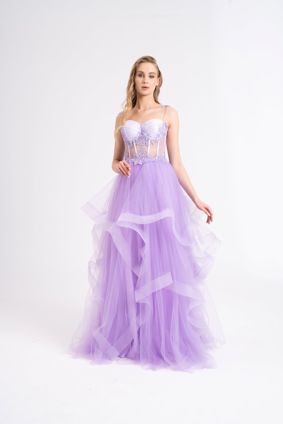 Lilac Grain Detailed Maxi Tulle Evening Dress, Women Wedding Guest Dress, Gift for Her, Womens Dress
