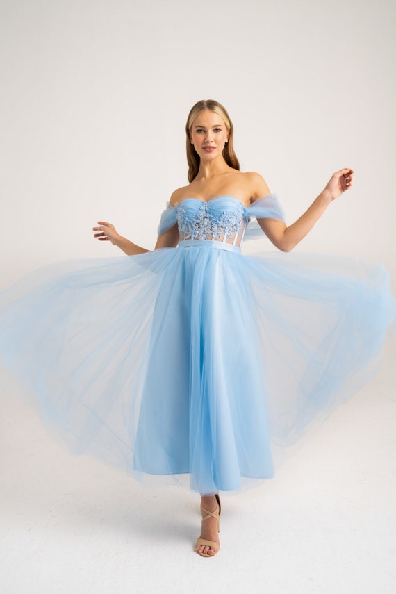 Ice Blue Draped and Lace Detailed Midi Length Tulle Evening Dress and Dress