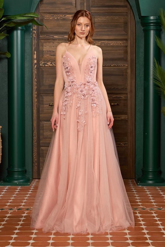 Sparkly Blush Pink 3D Lace Tulle Evening Gown – Maxi Prom & Engagement Dress – Handmade Formal Dress