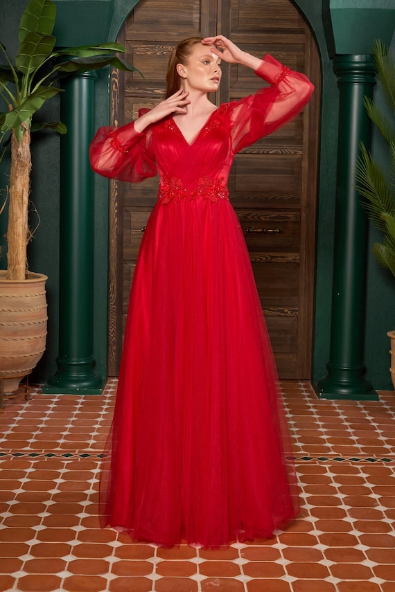 Red 3D Applique Tulle Sleeve Maxi Dress – Elegant Formal Evening Gown – Long Sleeve Party Dress – Engagement or Wedding Guest Outfit
