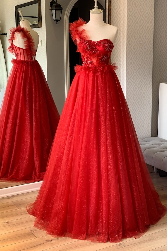Red Glitter Ruffle Strap Detailed Maxi Evening Dress - After Party Dress
