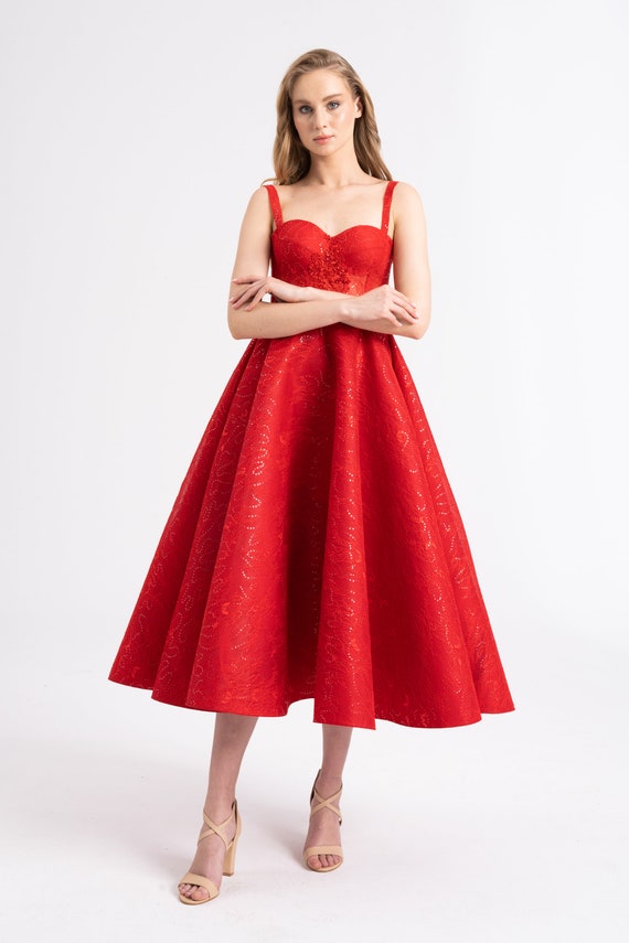 Red Grain Detailed Evening Dress - Prom Dress - After Party Dress