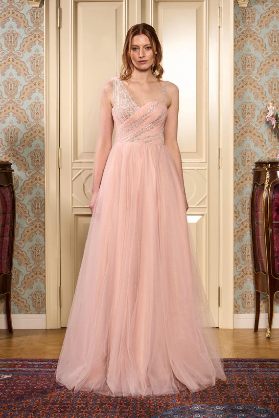 Blush One-Shoulder Draped Maxi Dress – Lace Detail Formal Gown – Elegant Bridesmaid or Wedding Guest Dress – Handmade Evening Dress