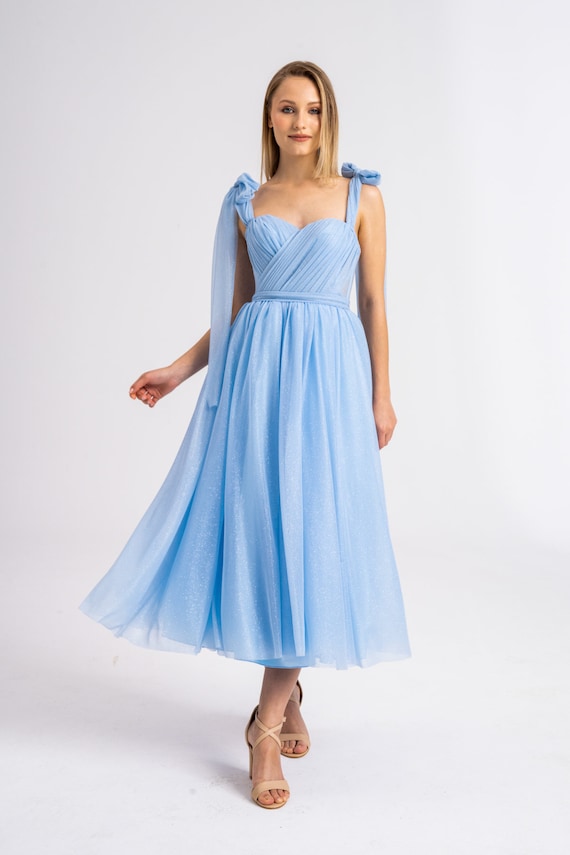 Ice Blue Midi Silvery Evening and Prom Dress, Gift for Her, Womens Dress