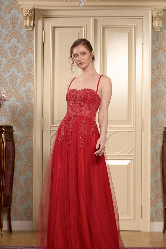 Red Glitter Lace Maxi Evening Dress – Modest Tulle Overlay Gown – Long Sleeve Formal Dress – Elegant Wedding Guest Outfit – Engagement Dress
