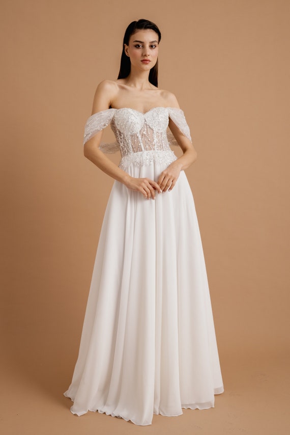 White Lace Detailed Chiffon Evening Dress and Wedding Dress,Bridal Gown, Gift for Her, Womens Dress