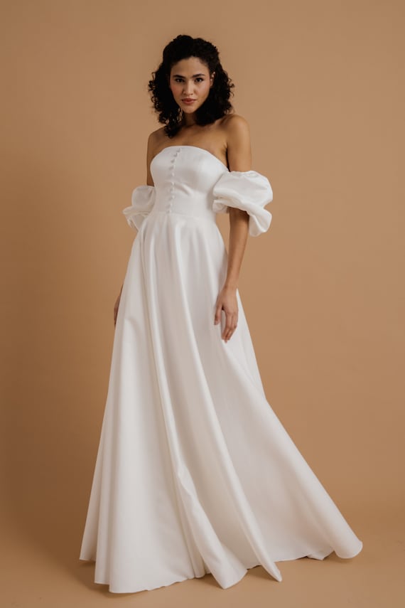 White Button Detailed Satin Maxi Evening and Wedding Dress