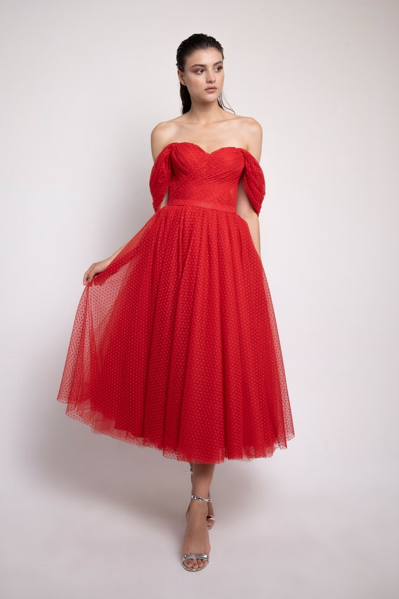 Red Polka Dot Midi Evening Dress, Prom Dresses, Gift for Her, Womens Dress