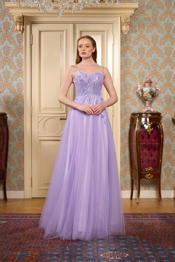 Lilac Feather Trim Lace Draped Maxi Evening Dress - Elegant Tulle Prom Gown