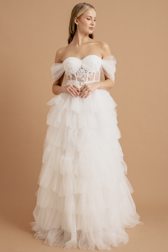 White Embroidered Lace Detailed Tiered Long Tulle Maxi Evening Dress and Wedding Dress