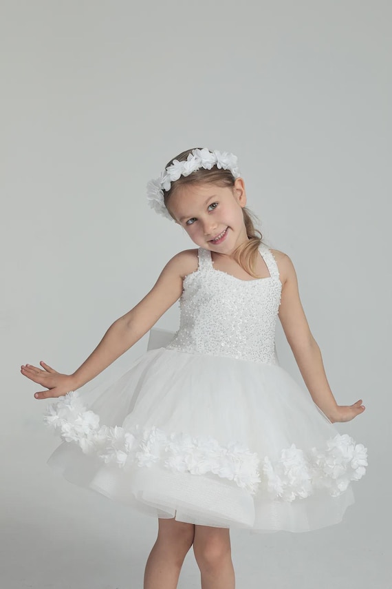 Girls' White Lace Pearl Dress – Elegant Flower Girl Dress for Weddings, Birthdays & Special Occasions