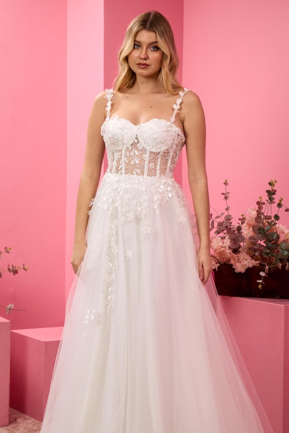 White Leaf Patterned Strappy Maxi Dress – Bridal & Evening Gown