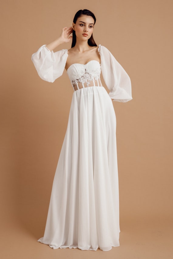 White Embroidered Lace Detailed Chiffon Evening Dress and Wedding Dress