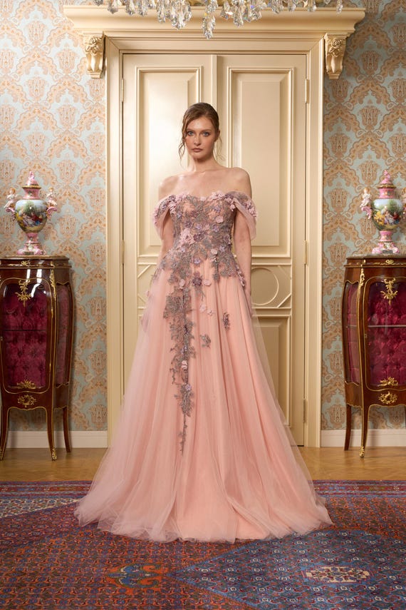 Powder Color 3D Flower Embroidered Dress – Handmade, Tulle and Satin Princess Design