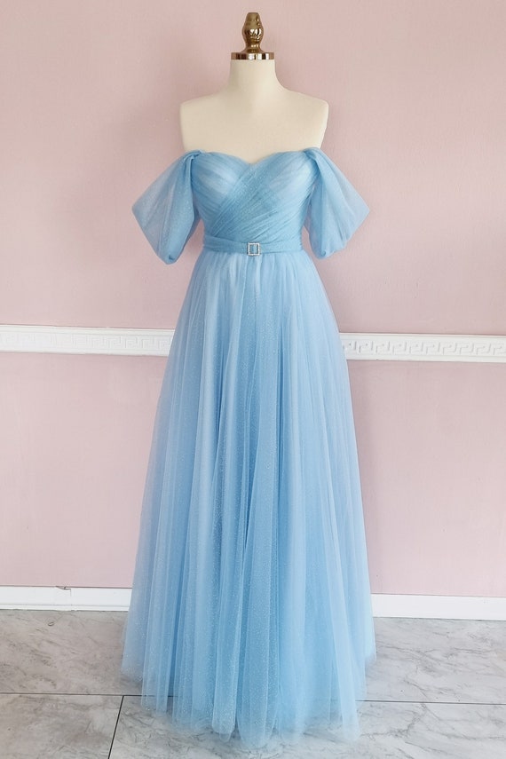 Ice Blue Glitter Draped Maxi Belt Detailed Transparent Evening Dress
