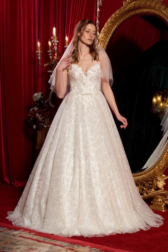 Royal Inspired Princess Wedding Dress – Satin Fabric, Embroidered Lace and Crystal Beading Detail