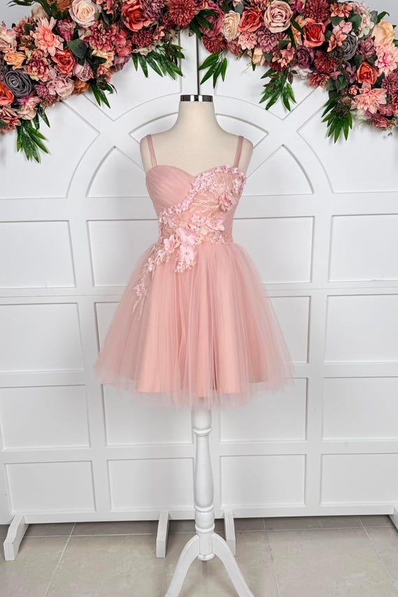 Powder Pink Floral Lace Mini Tulle Dress – Strapless Corset Cocktail & Party Dress