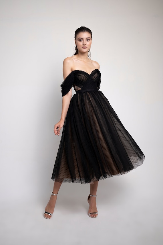 Black Polka Dot Midi Evening Dress, Gift for Her, Womens Dress
