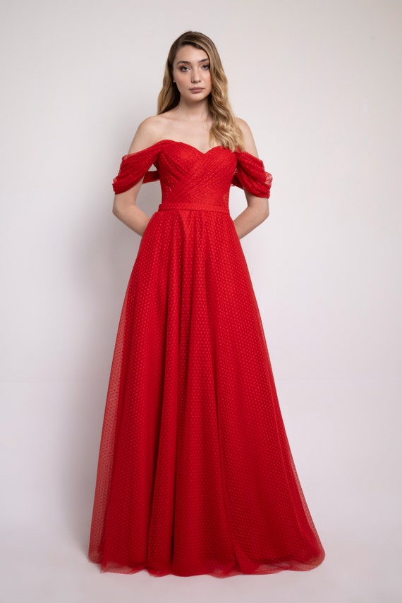 Red Polka Dot Maxi Engagement and Evening Dress - After Party Dress
