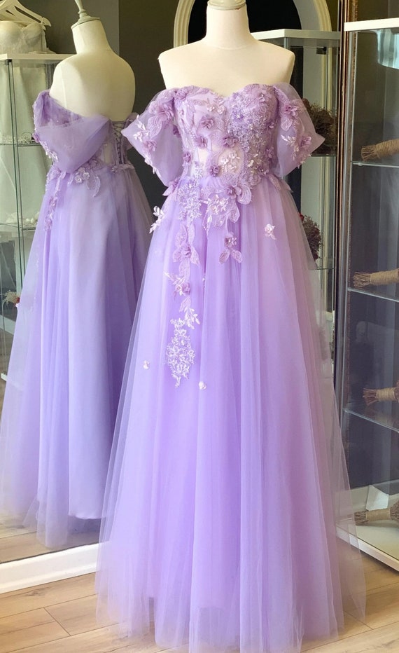 Lilac Embroidered Lace and Three Dimensional Lace Covered Transparent Maxi Evening Dress, Gift for Her, Womens Dress