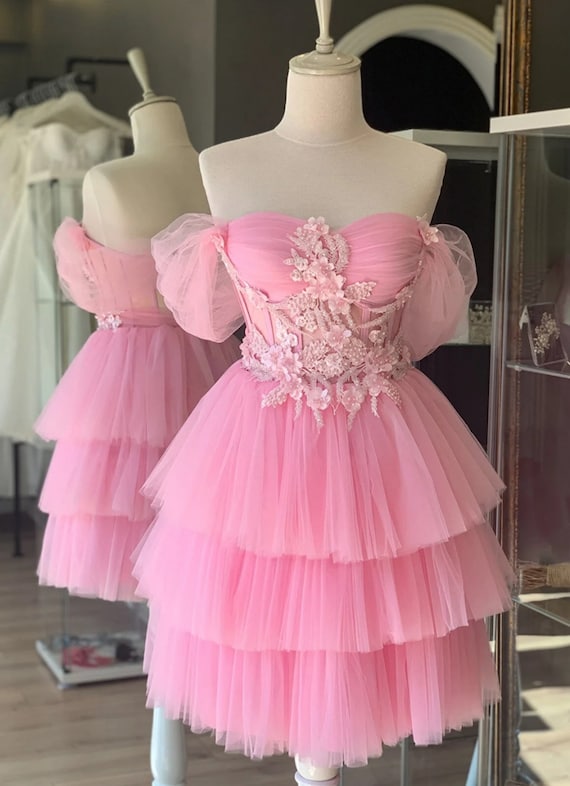 Pink Three-Dimensional Floral Lace Covered Mini Evening - After Party Dress