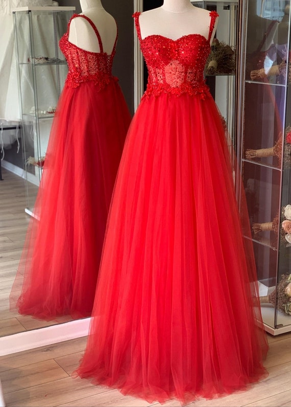 Red Plastering Lace Covering Maxi Tulle Dress, Gift for Her, Womens Dress