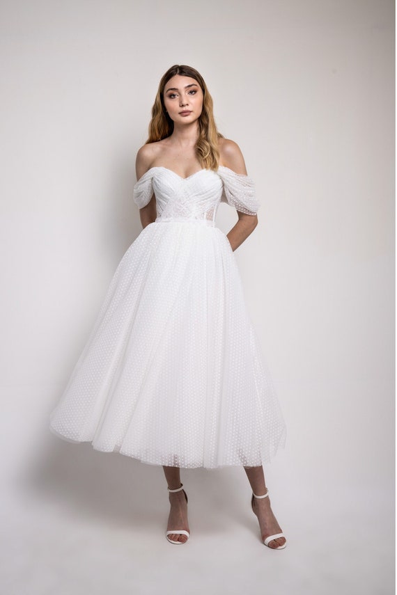 White Polka Dot Midi Evening Dress, Bridal Gown, Corset dress White tulle midi dress Short wedding dress, Beach weddind dress