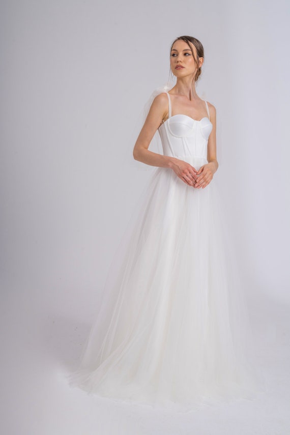 White Long Tulle Evening Dress and Wedding Dress - Bustier evening dress and wedding dress - After party reception dress for bride -
