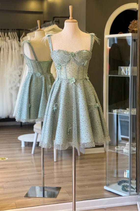 Mini Evening and Night Dress with Beaded Lace Overlay and three dimensional flower.Handmade graduation,wedding,engagement and prom dress.