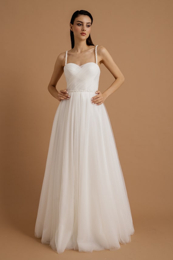White Draped Pearl Detailed Tulle Maxi Evening Dress and Wedding Dress