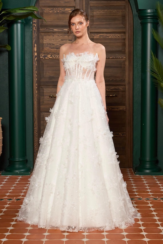 Strapless 3D Floral Wedding Dress with Pearl Details | White Custom Bridal Gown | Handmade Romantic Wedding Dress