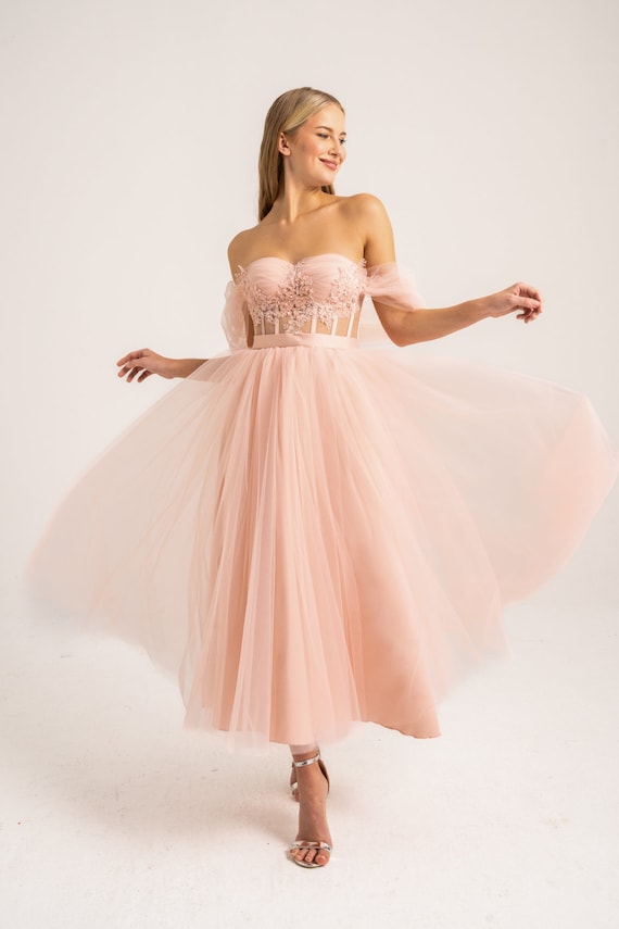 Powder Draped and Lace Detailed Midi Evening Dress, Prom Dresses, Gift for Her, Womens Dress