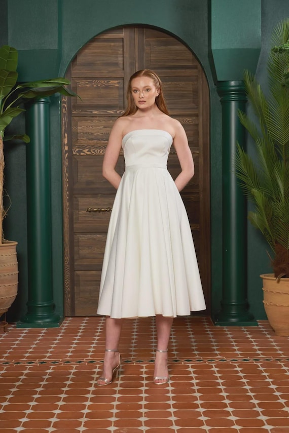 White Satin Strapless Midi Dress – Elegant Bridal & Evening Gown for Engagement, Wedding, or Formal Events