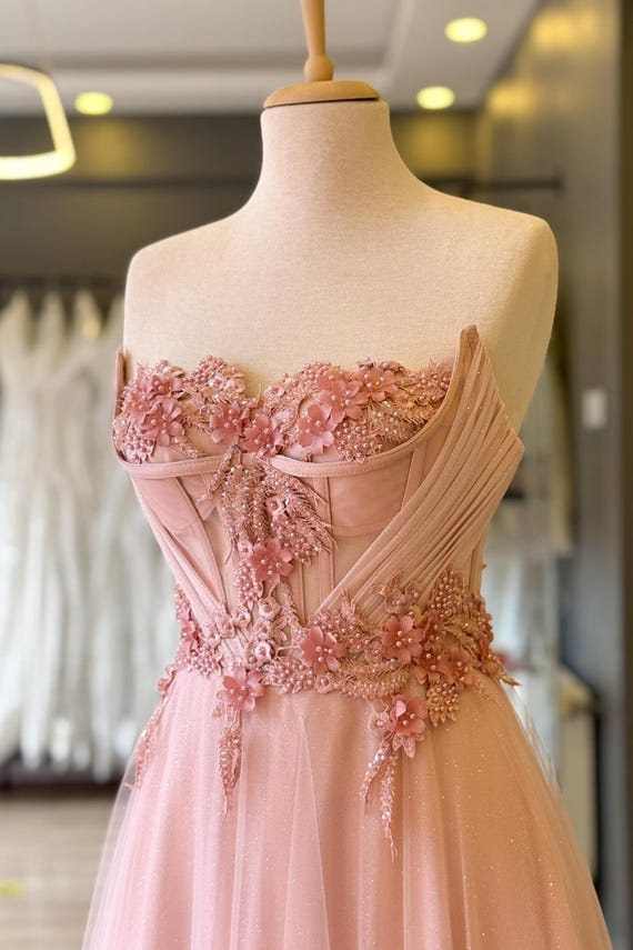 Blush Strapless Glitter Maxi Dress with Lace Appliqué – Elegant Gown for Engagements, Henna Nights, and Formal Events