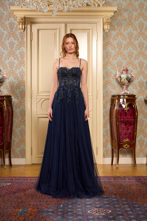 Navy Blue Sparkly Lace Maxi Dress – Elegant Evening Gown for Wedding, Engagement, or Prom