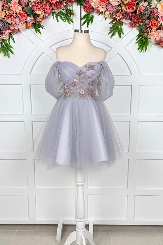 Gray 3D Floral Lace Mini Tulle Dress – Off-Shoulder Corset Party Dress with Adjustable Back