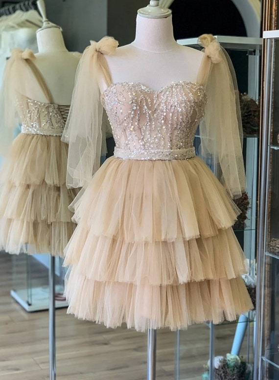 Skin Color Lace Covered Mini Evening and Party Dress, Gift for Her, Womens Dress