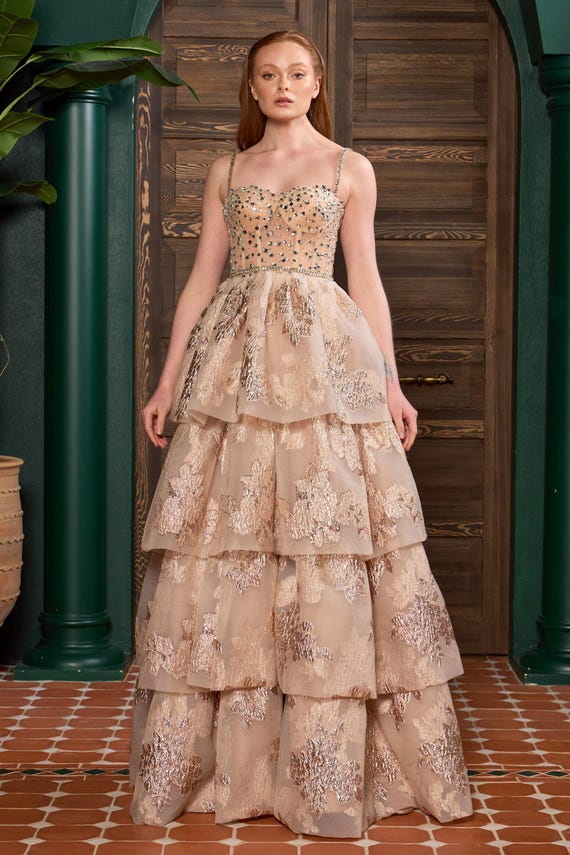 Nude Sparkly Lace Maxi Dress – Elegant Evening Gown, Beaded Tulle Prom Dress, Handmade Formal Dress