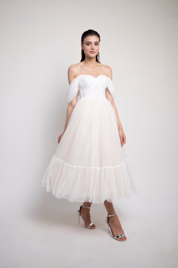 White Ruffle Detailed Polka Dot Midi Evening Dress