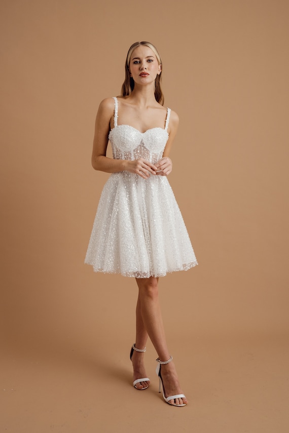 White Bead Embroidered Mini Evening and Party Dress bridal gown, Cocktail short party aline corset reception dress