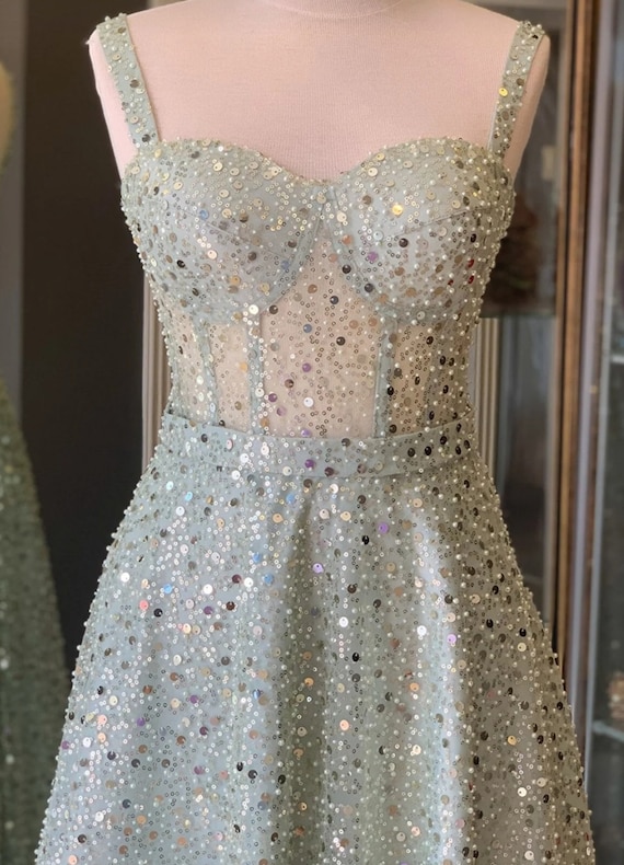 Water Green Stone Midi Length Evening Dress, Gift for Her, Womens Dress