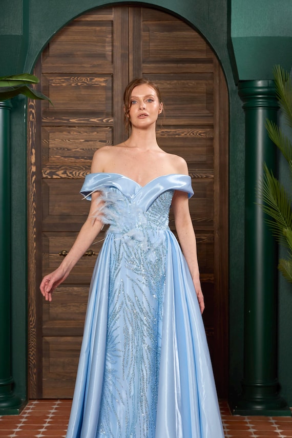 Ice Blue Feathered Lace Overlay Satin Maxi Dress – Elegant Evening Gown for Weddings, Proms, and Special Occasions