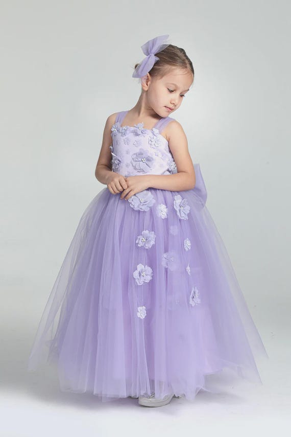 Girls' Lilac 3D Flower Tulle Dress – Elegant Flower Girl & Birthday Party Gown for Special Occasions