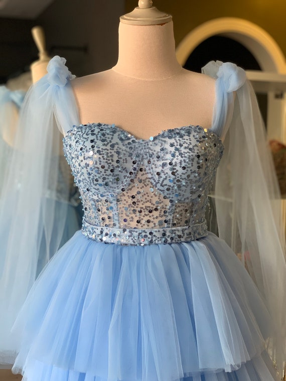 Ice Blue Lace Covered Mini Evening and Party Dress, Gift for Her, Womens Dress
