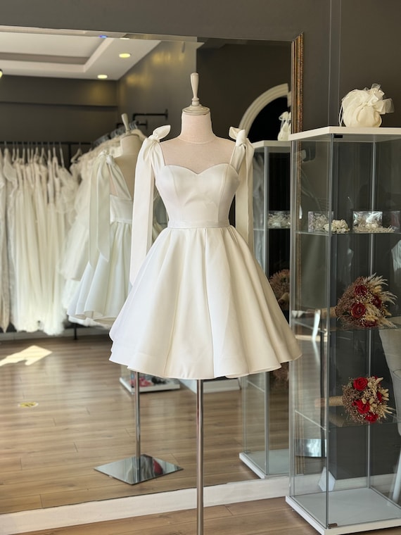 White Shoulder Tie Mini Satin Evening Dress and Evening Dress