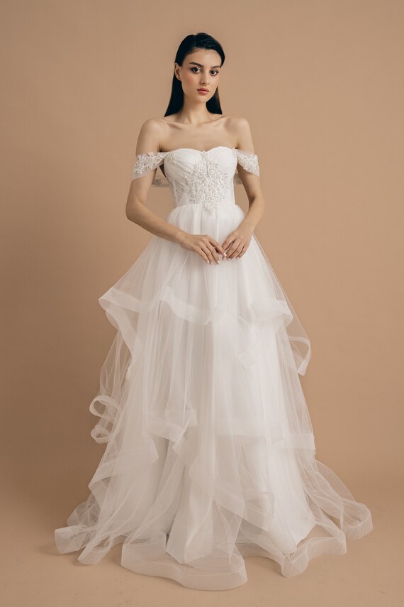 White Draped and Lace Detailed Strapless Evening and Wedding Dress - After Party Dress